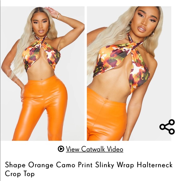 Shape Orange Camo Print Slinky Wrap Halterneck Crop Top PrettyLittleThing - Picture 1 of 4